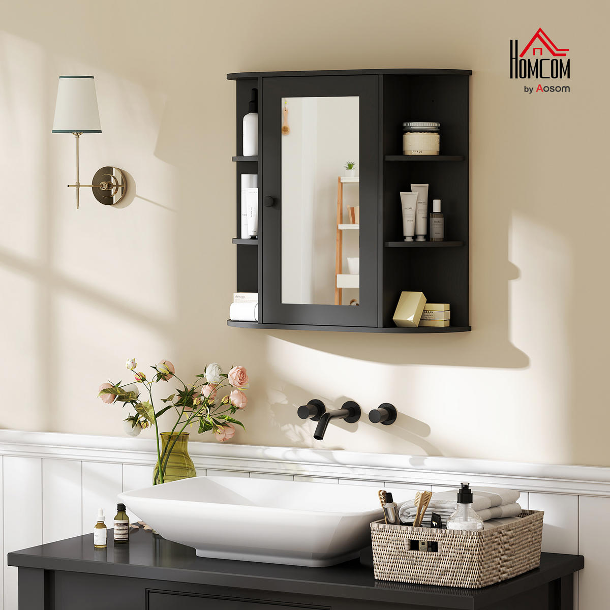 SPIEGELSCHRANK Spiegelschrank mit 6 offenen und 2 geschlossenen Ablagen,66 x 17 x 63 cm ,Schwarz - Schwarz, Glas (66/63/17cm) - Vallsero