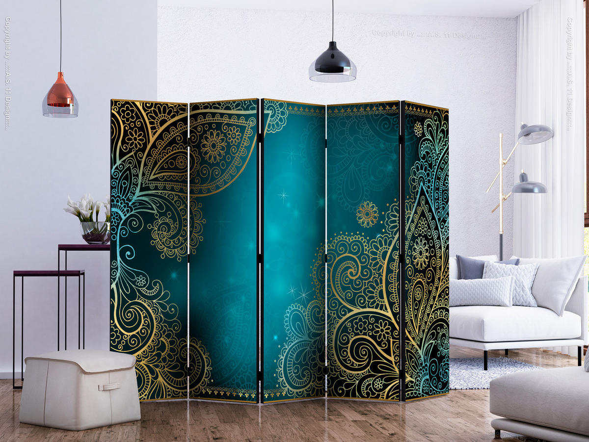 PARAVÁN Obojstranný 5-Dielny 225x172 cm Orientálne Ornamenty - modrá, drevo/textil (225/172/3cm) - Muralo