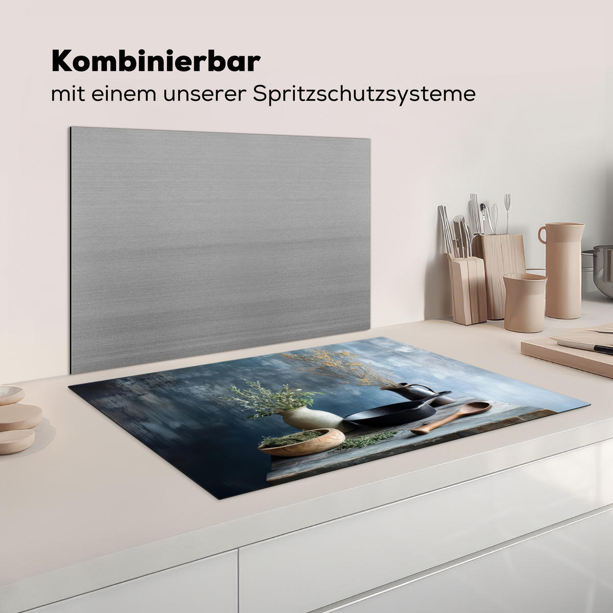 HERDABDECKPLATTE Stilleben - Kräuter - Rustikal Induktionsschutz 81.6x52.7 cm - Blaugrau, Kunststoff (81.6/52.7/0.2cm) - MuchoWow
