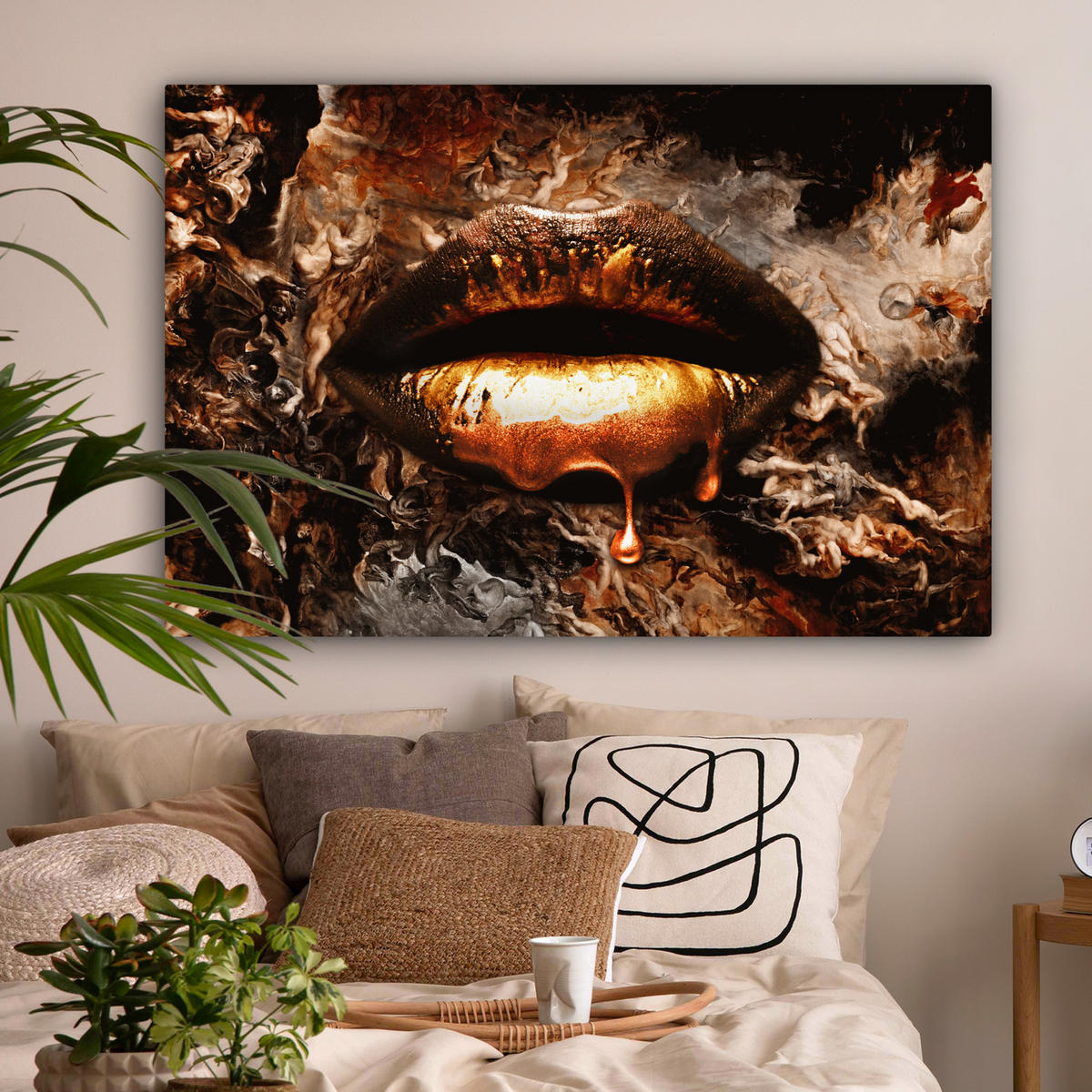 LEINWANDBILD Gold - Lippen - Kunst - Gold - Luxus - Abstrakt Wohnzimmer 120x80 cm - Bronzefarben, Textil (120/80cm) - MuchoWow