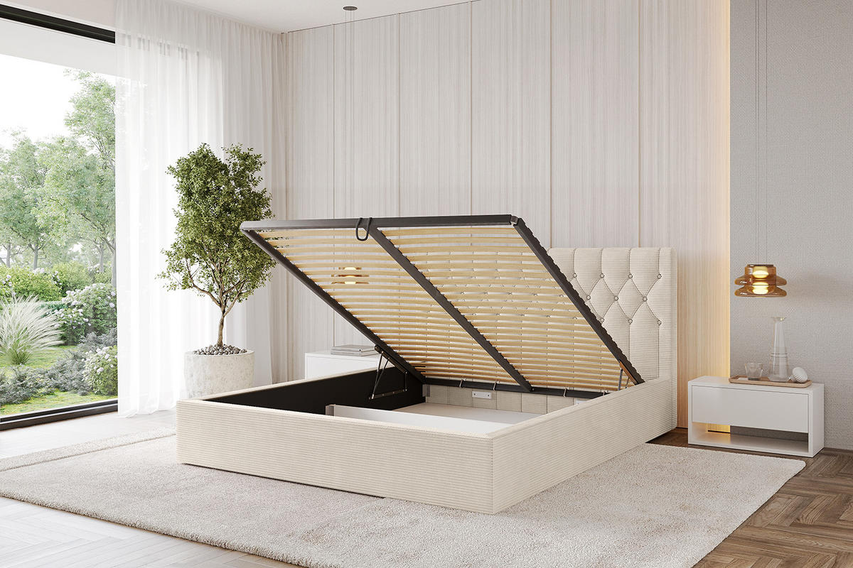 POLSTERBETT mit Bettkasten und Lattenrost, Bett mit Matratze H3/H4 - RENO 200x200 Beige - Creme, Holzwerkstoff/Textil (200/200cm) - ALTDECOR