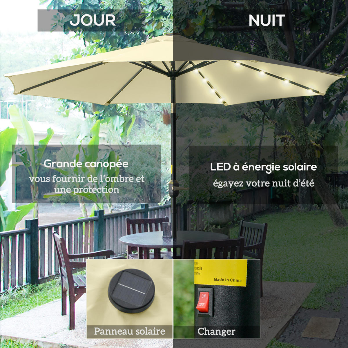 SONNENSCHIRN DE-11580 rund mit LED Neigbar Beige - Beige, Metall (265/265cm) - ComfortXL