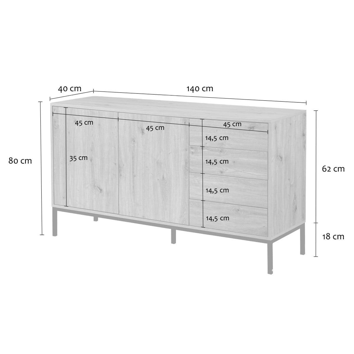 BUFFET mit 2 Türen und 4 Schubladen L140 cm 140/40/80 cm - Eschefarben, Holzwerkstoff (40/80/48.5cm) - Calicosy