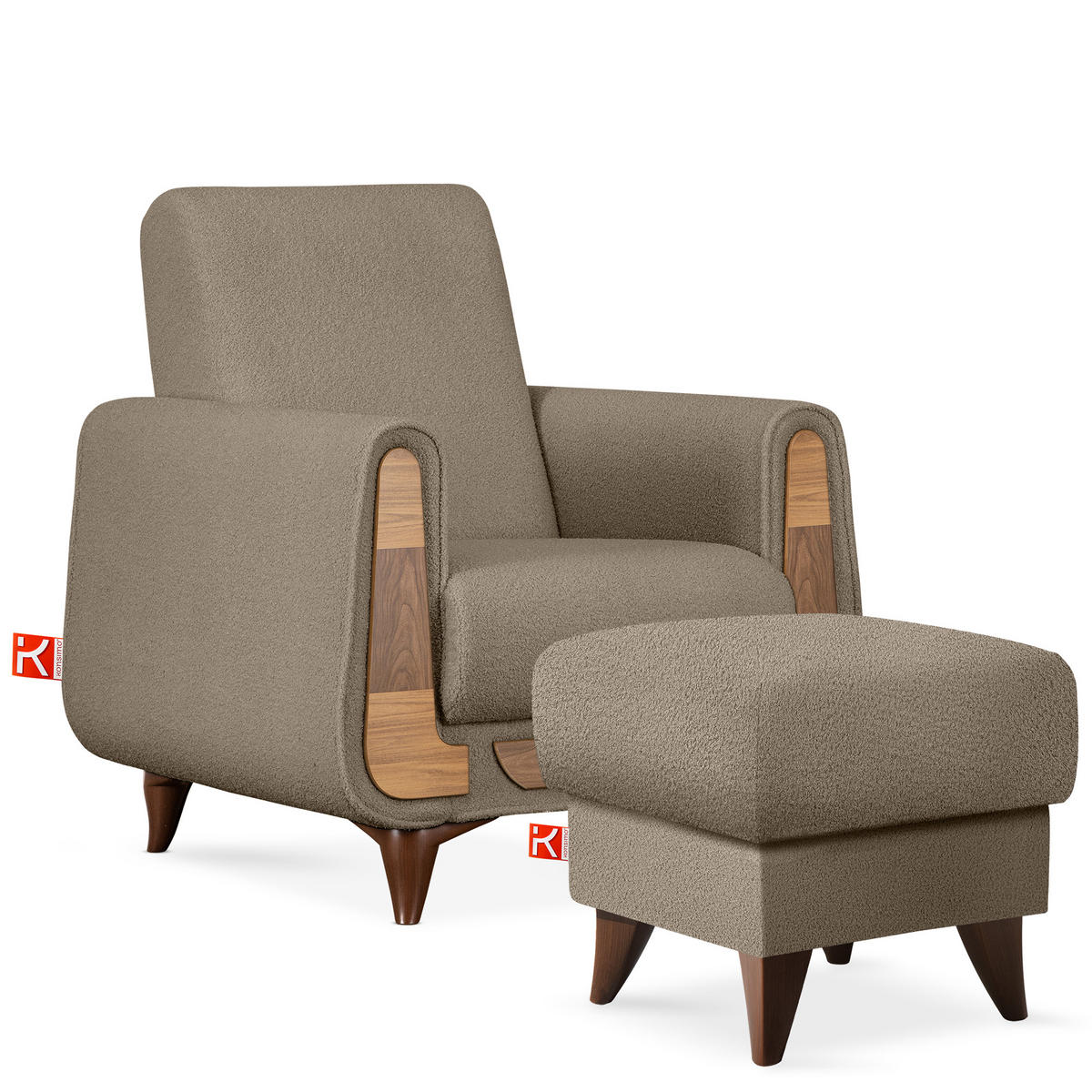 HOCKER GUSTAVO Fußstütze, Bouclé, Braun - Braun, Holz/Holzwerkstoff (53/49/53cm) - KONSIMO®