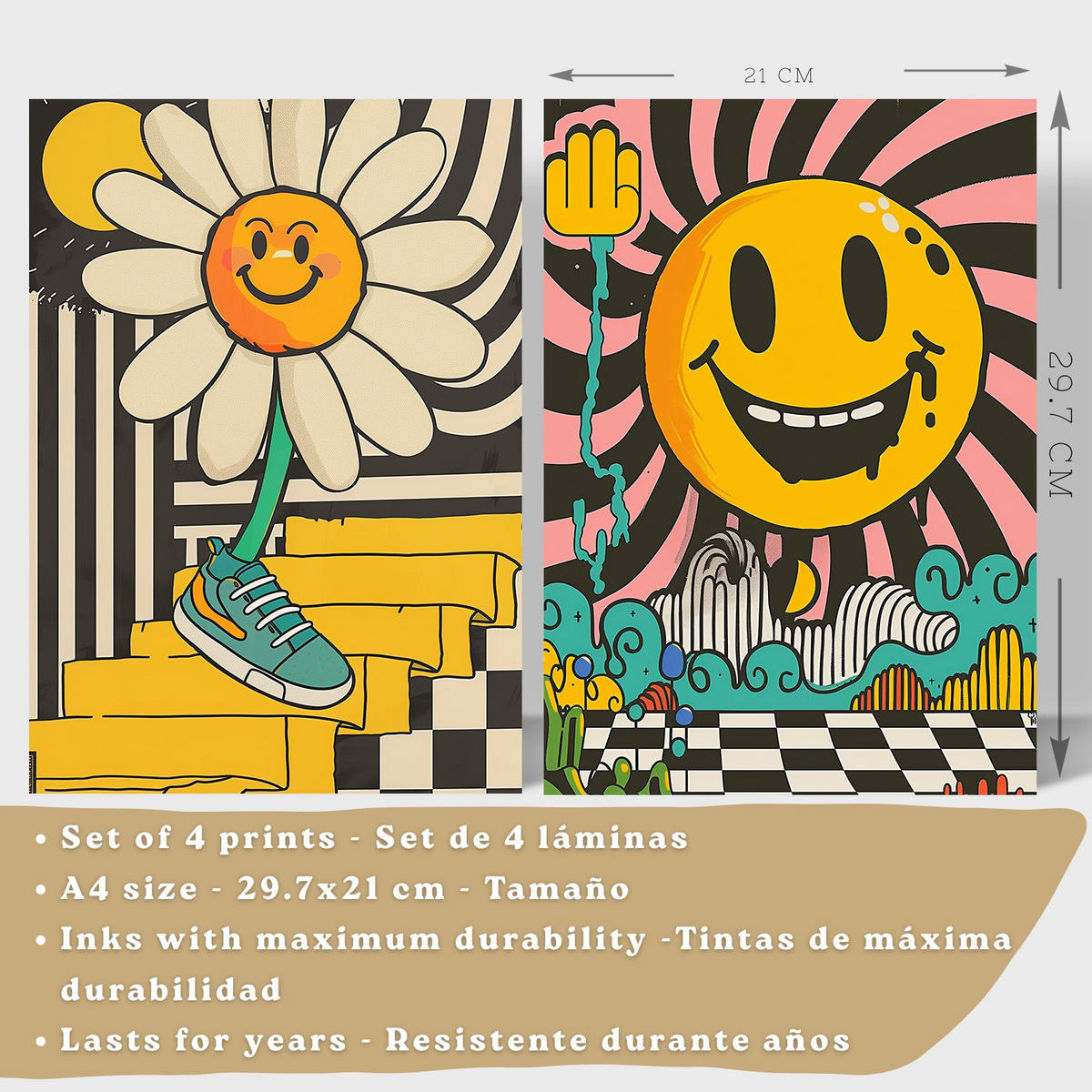 POSTER 4er Kunstdruck-Set Wandbilder Smiley Acid House modern Wohnzimmer Deko, Schlafzimmer, Küche, Badezimmer Leichter Holzrahmen A4 - Beige, Papier (29.7/1/21cm) - Nacnic