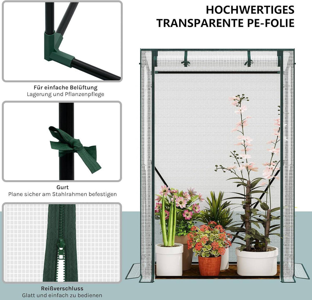 FOLIENGEWÄCHSHAUS, PE-reissfeste, 100x50x150/136 cm - Weiß, Textil/Metall (100/150/50cm) - Woltu