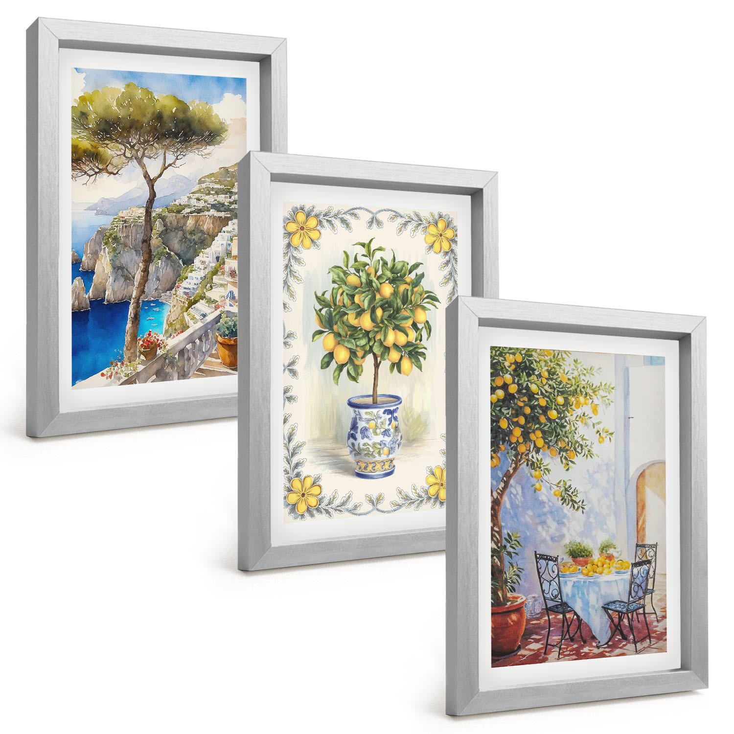 BILDER SET 3er Set - 20x30 cm Silberner Rahmen - Blick auf das Meer aus Zitronenbäumen - Silberfarben, Kunststoff (20/30cm) - TULUP