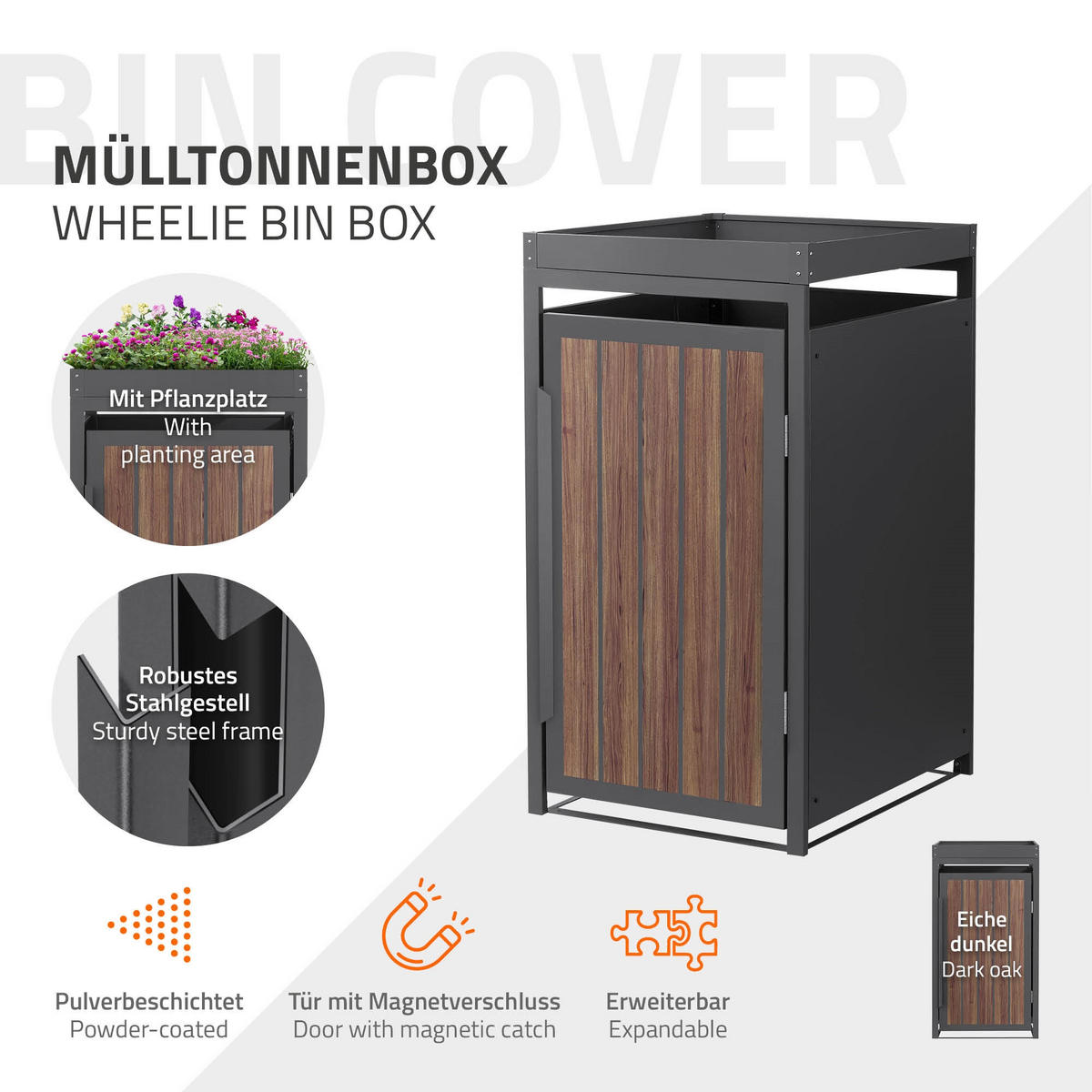 MÜLLTONNENBOX 1er mit Pflanzdach 240L Anthrazit-Eiche dunkel aus Stahl - Dunkelbraun, Metall (80/124/68cm) - ML-DESIGN