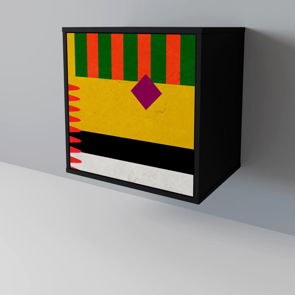 SIDEBOARD VIVID ART, Schwarz, 57,5x42x72,5 cm, Schwarze Metallfüße - Multicolor/Schwarz, Holzwerkstoff/Metall (57.5/72.5/42cm) - SpaceRebels