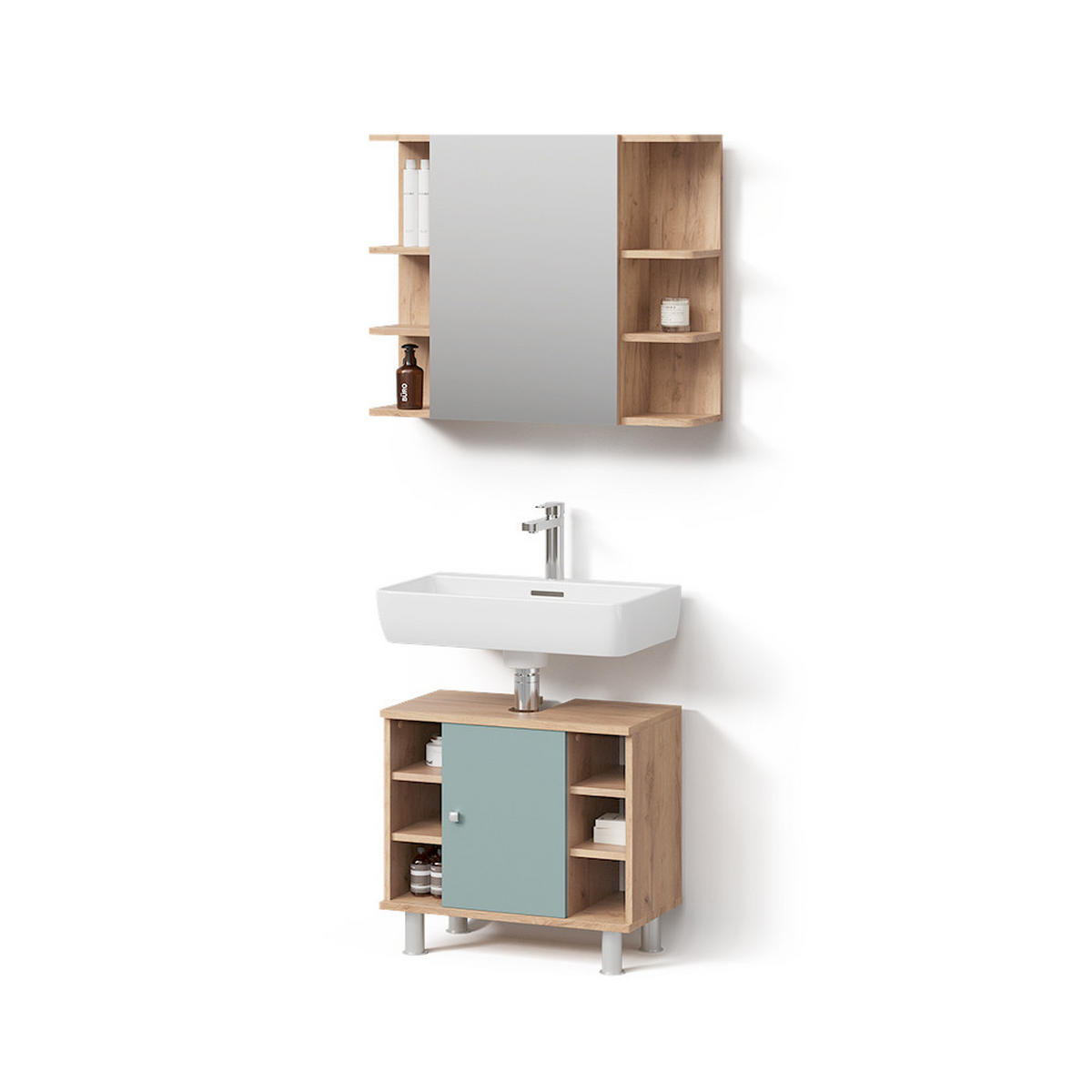 BADMÖBEL-SET Fucino Grün 2 Teile - Eiche Wotan/Grün, Holzwerkstoff (60/54/32cm) - Livinity®