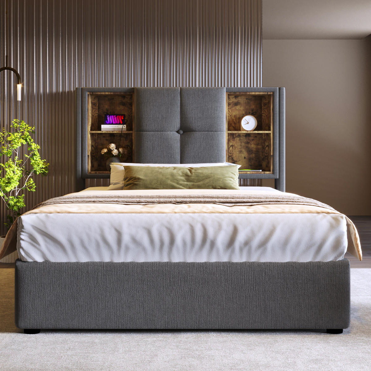 POLSTERBETT 90/200 cm in Grau Stoff mit Bettkasten, USB, Type-C und Kabellosem Laden - Grau, Holzwerkstoff/Textil (90/200cm) - WISHDOR