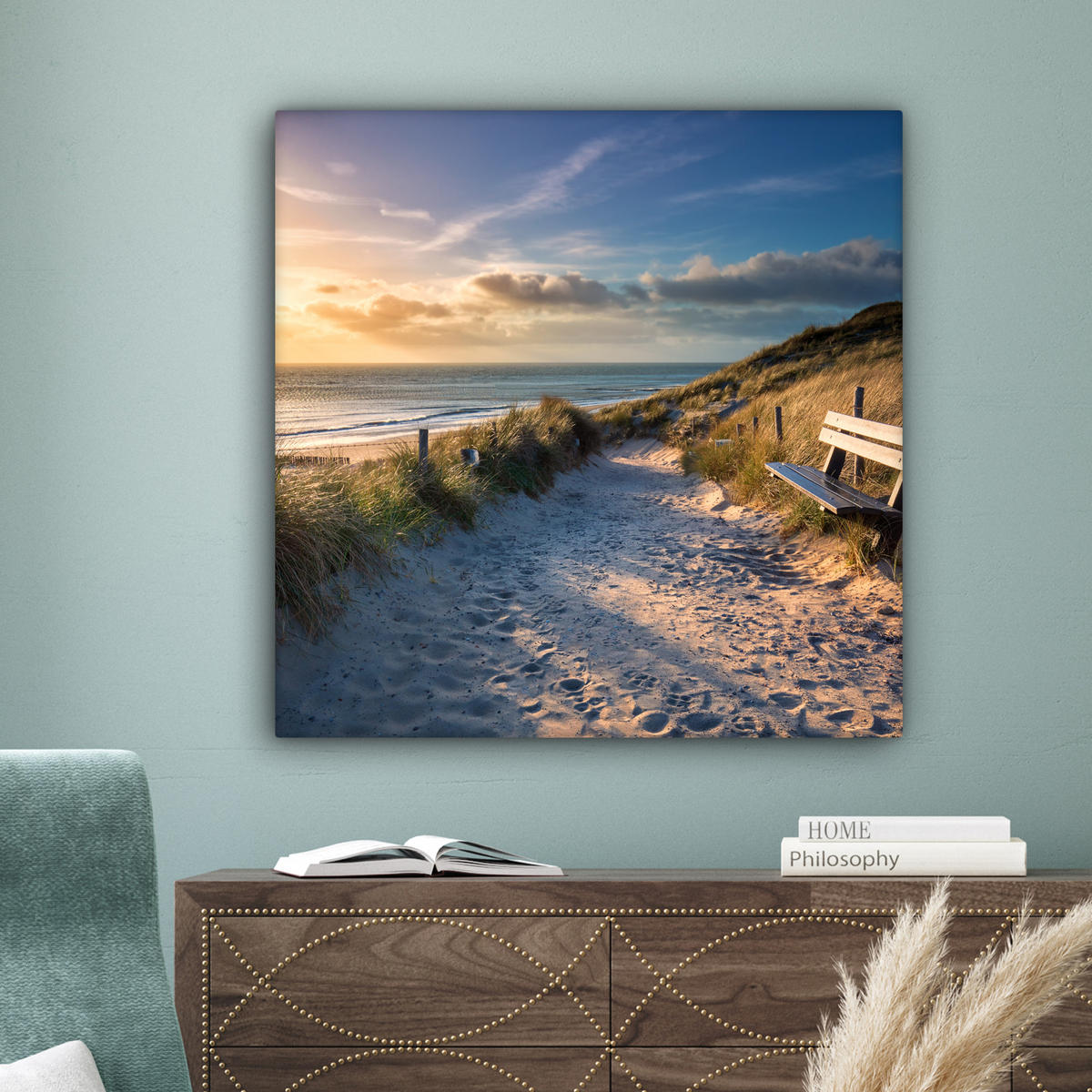 LEINWANDBILD - Sonnenuntergang - Strand - Düne - Gras - Ufer - 90x90 - Gemälde - Sandfarben, Textil (90/90cm) - MuchoWow
