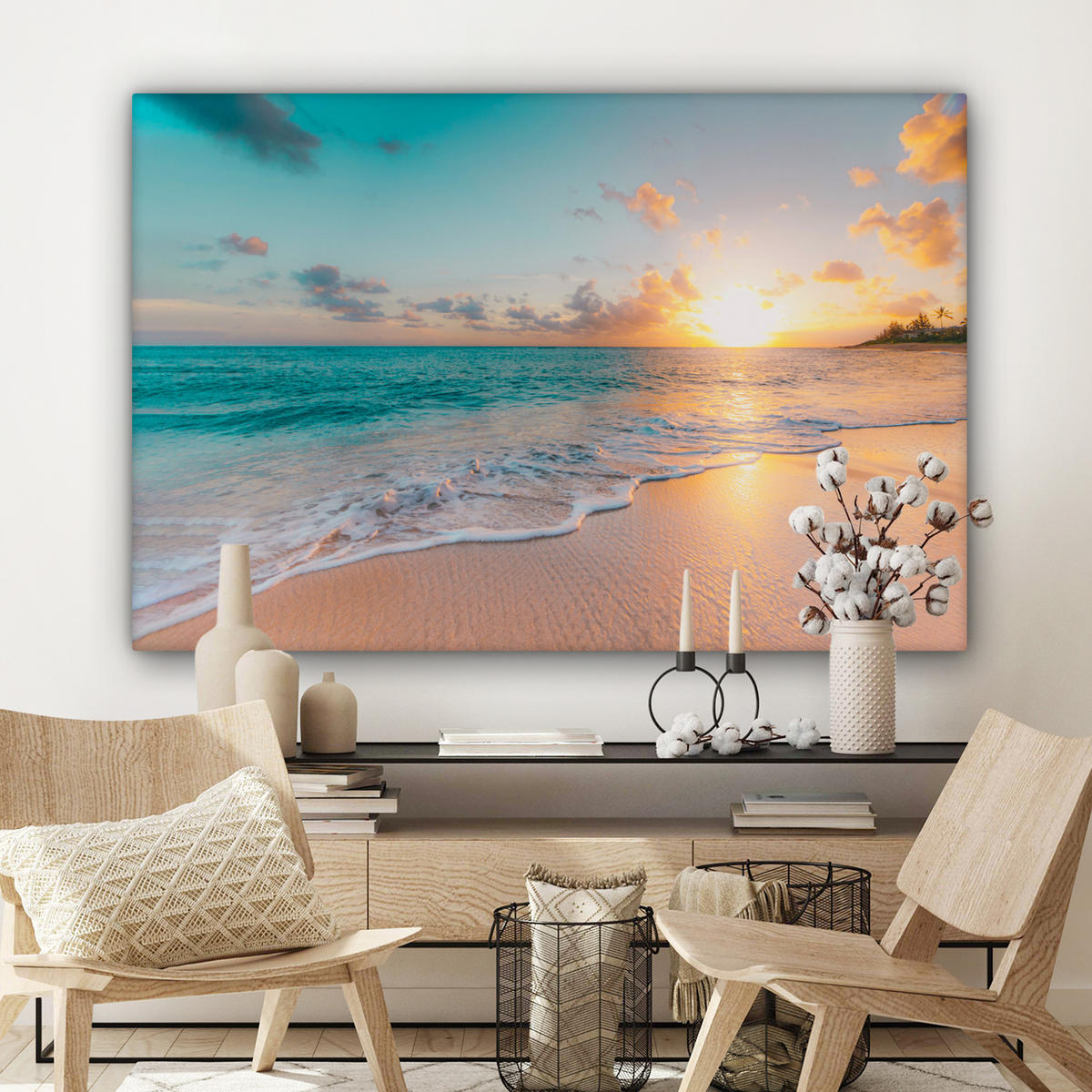 OBRAZ NA PLÁTNE Západ slnka - Pláž - More - Leto - Modrá 120x80 cm - viacfarebná, textil (120/80cm) - MuchoWow