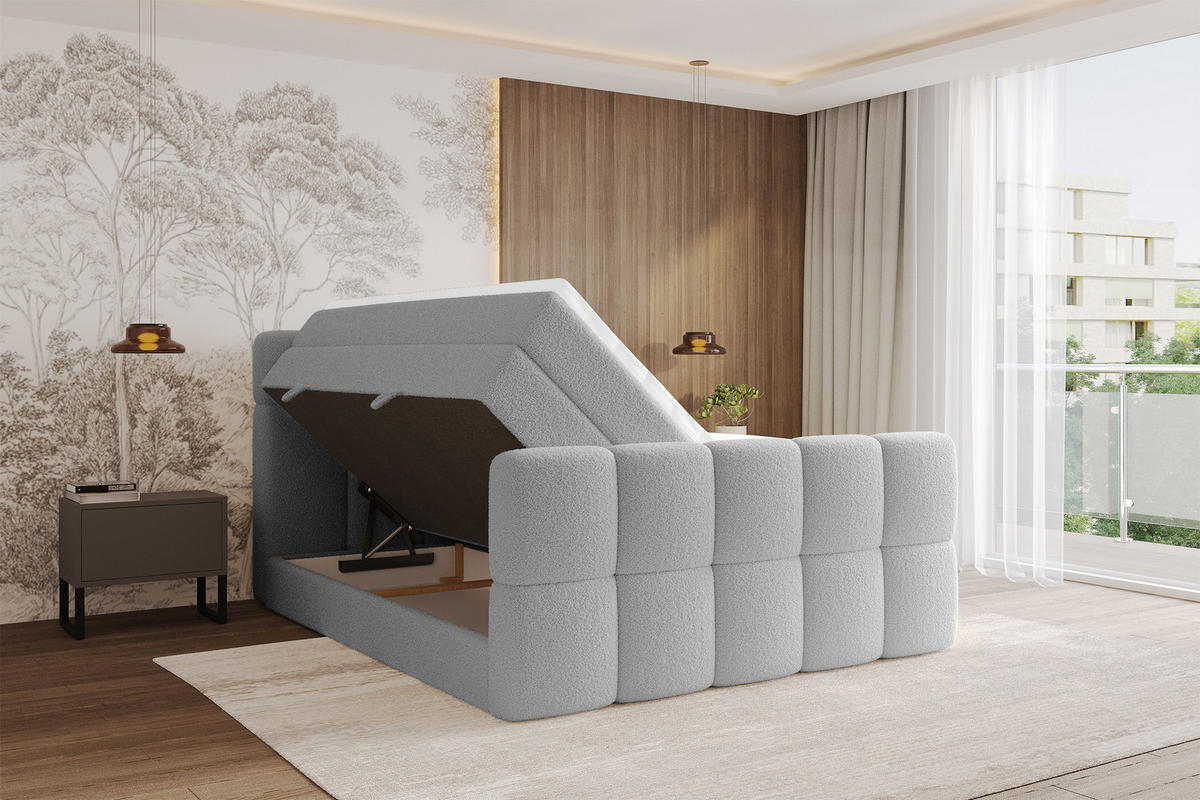 BOXBETT mit Matratze H3/H4 - FAMA-Z KING - 180x200 cm Hellgrau Quelle - Hellgrau, Holzwerkstoff (180/200cm) - ALTDECOR