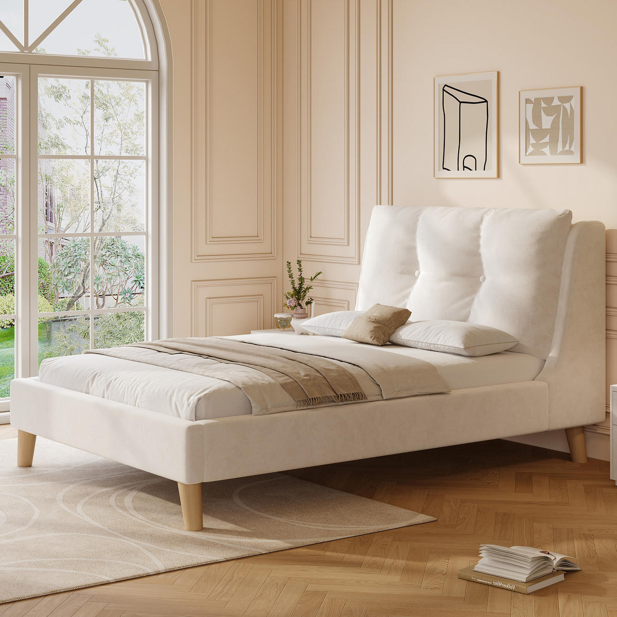 POLSTERBETT 90/200 cm beige aus Samt mit höhenverstellbarem Kopfteil - Beige, Textil (90/200cm) - OKWISH