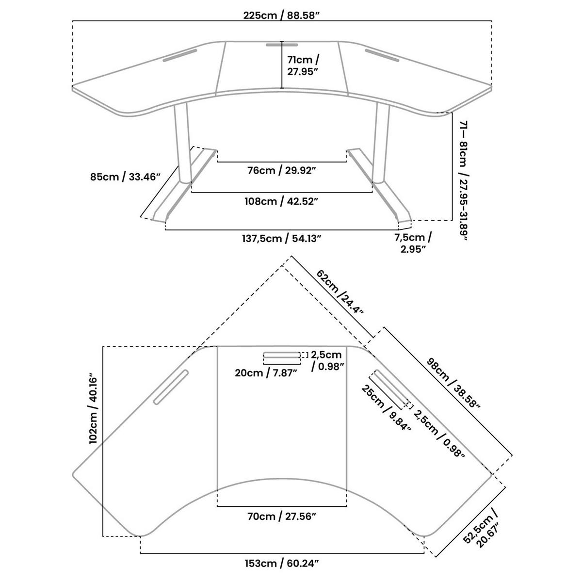 GAMINGTISCH Arena Angelo 225/71/71-81 cm Reines Schwarz - Schwarz, Metall (71/225/71cm) - Arozzi