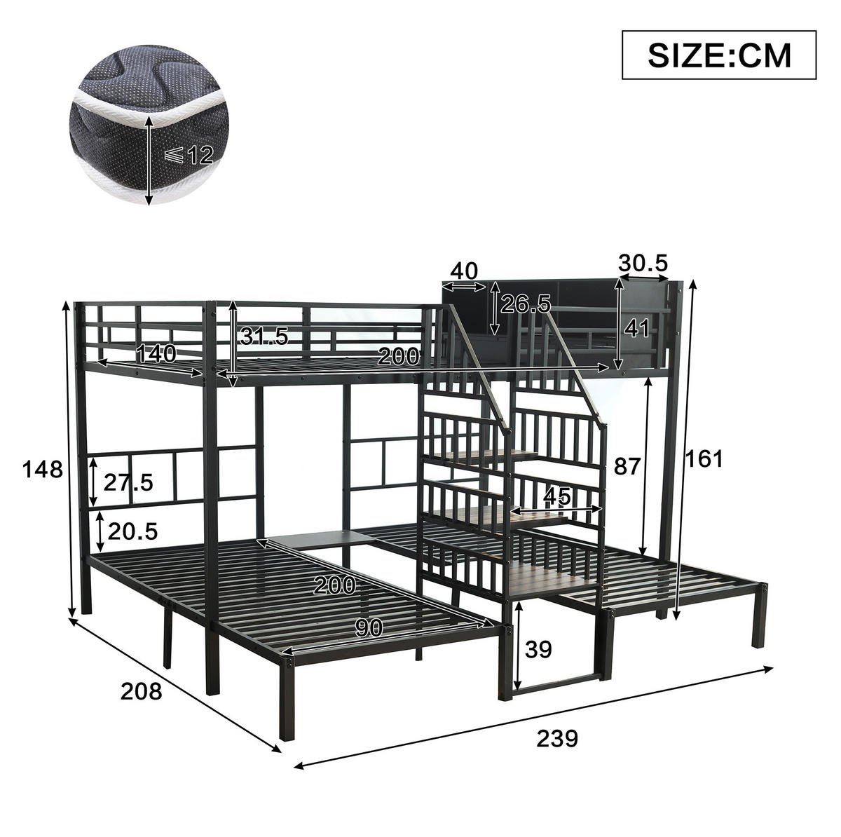 ETAGENBETT 90/200 & 140/200 cm mit Treppe, Handläufen und Stauraum, Schwarz - Schwarz, Metall (90/200cm) - Redom