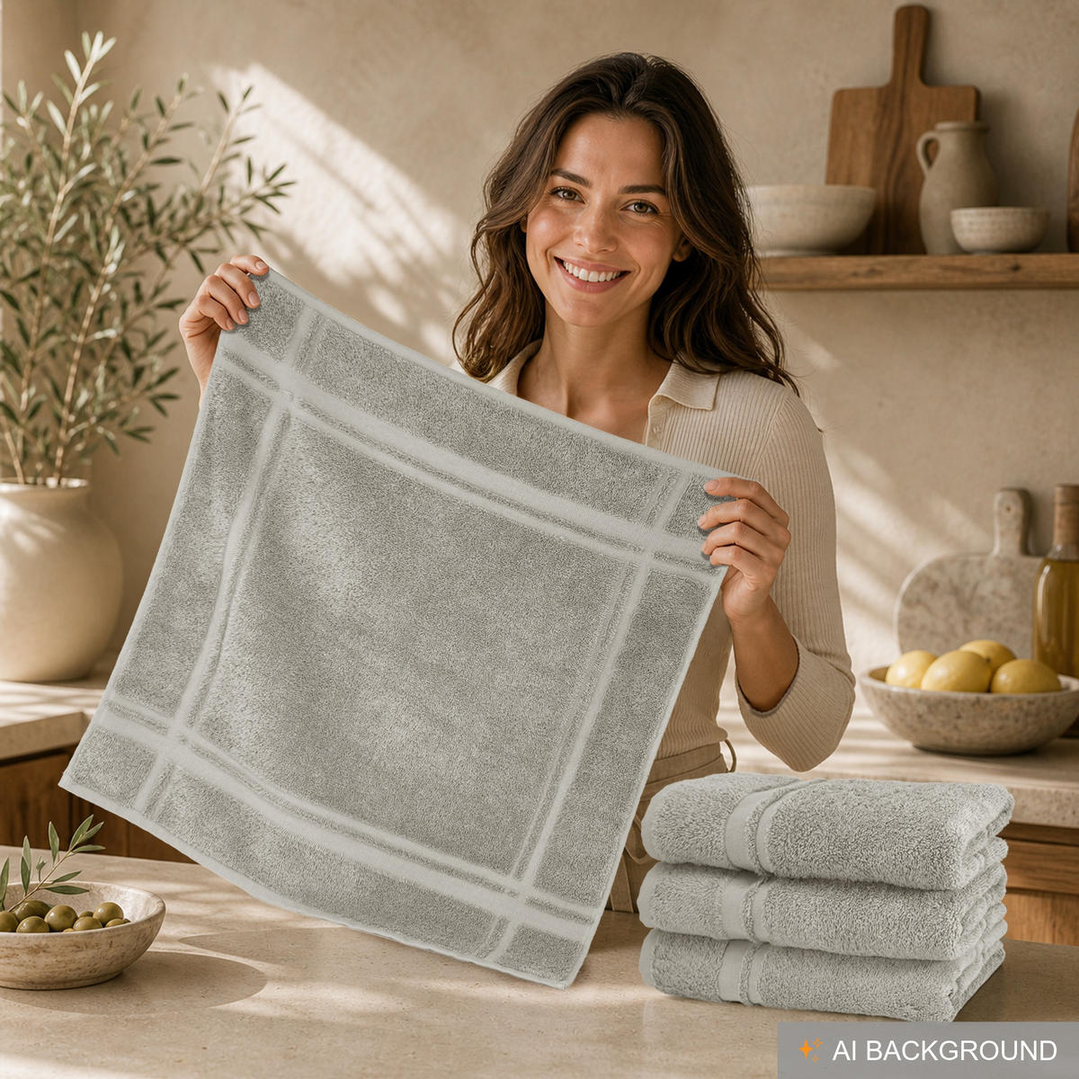 FROTTEE Küchenhandtücher 50x50 cm, 4er Set, Kiesel Grau - Sandfarben, Textil (50/50cm) - Lashuma