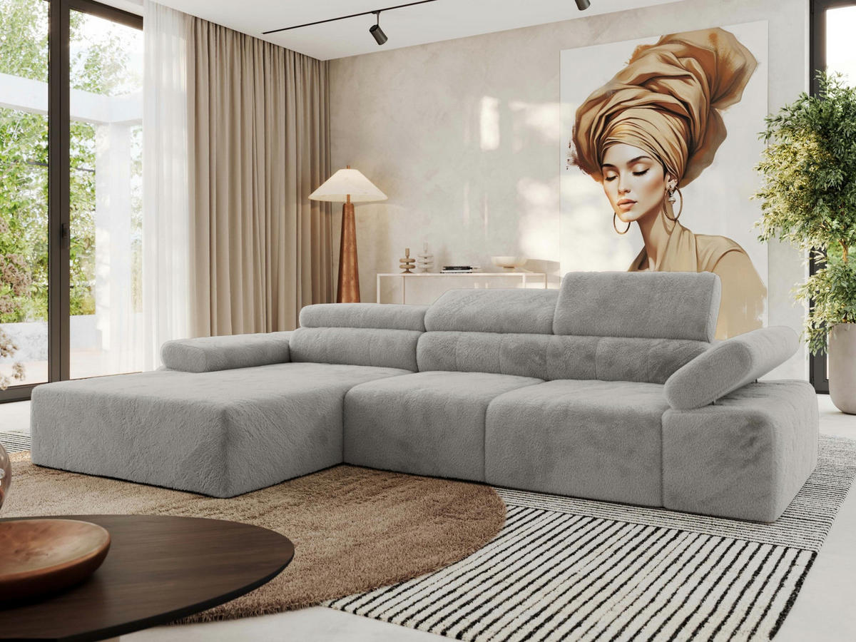 ECKSOFA RILASSO L Hellgrau Plüsch - links - Hellgrau/Schwarz, Kunststoff/Textil (296/174cm) - MKS