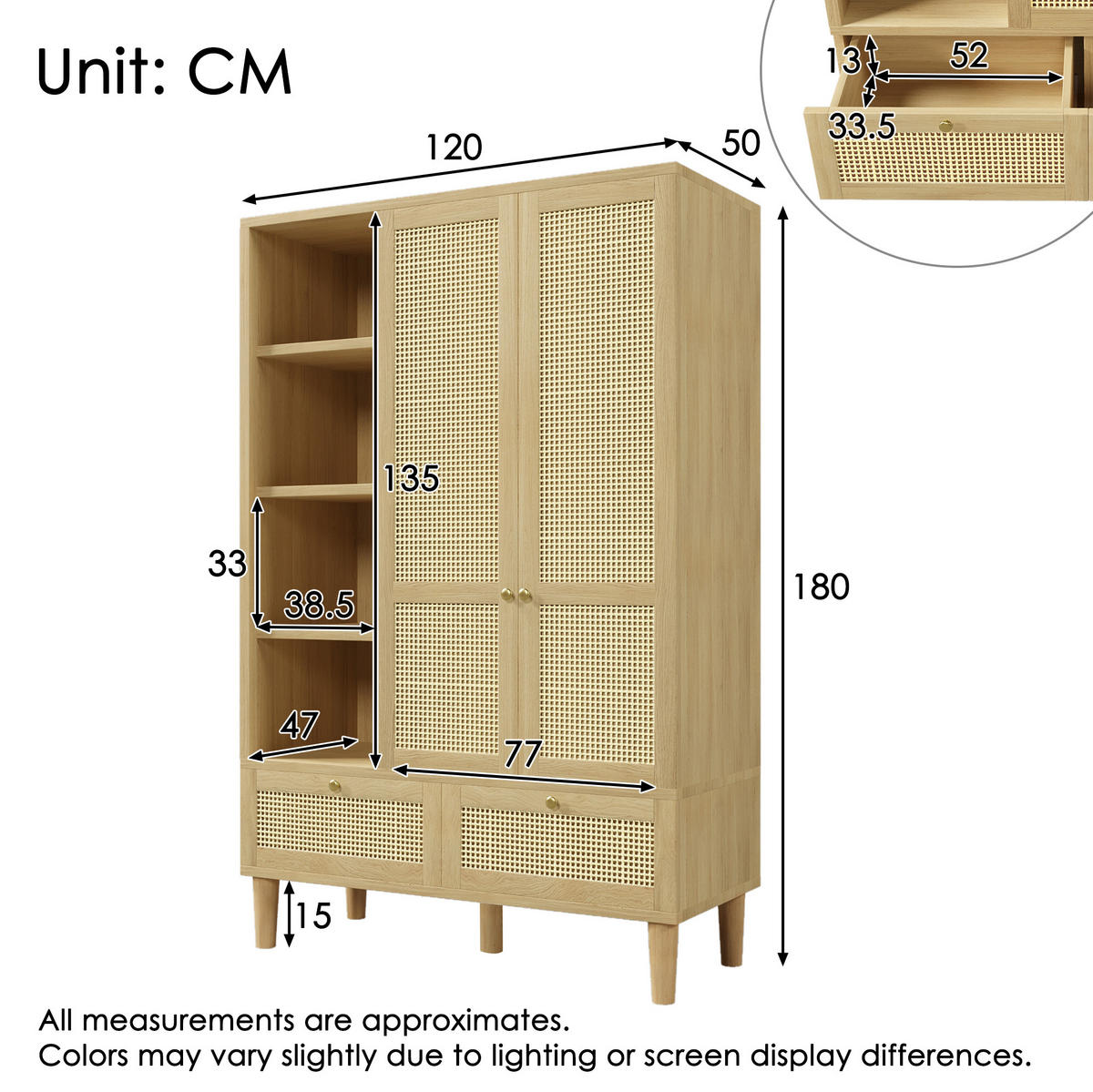 KLEIDERSCHRANK 50/120/180 cm eichefarben aus MDF, Massivholz und Metall mit Rattangeflecht - Eichefarben, Holz (120/180/50cm) - OKWISH