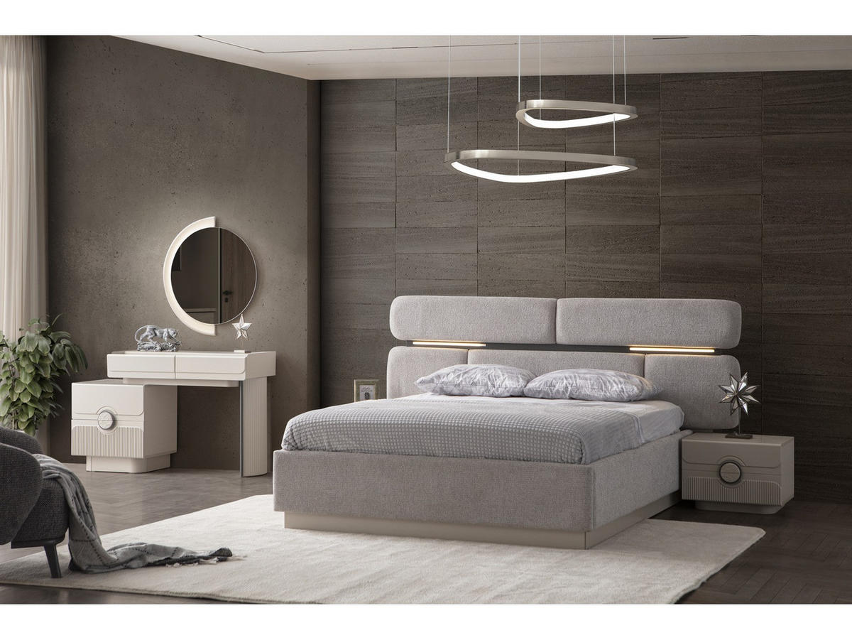 BETTANLAGE SARMIRA Schlafzimmer-Set, 5-teilig, Creme, Bett mit Kopfteil 2 Nachttischen Kommode und Kleiderschrank - Creme, Leder/Holzwerkstoff (160/200cm) - Villa Möbel
