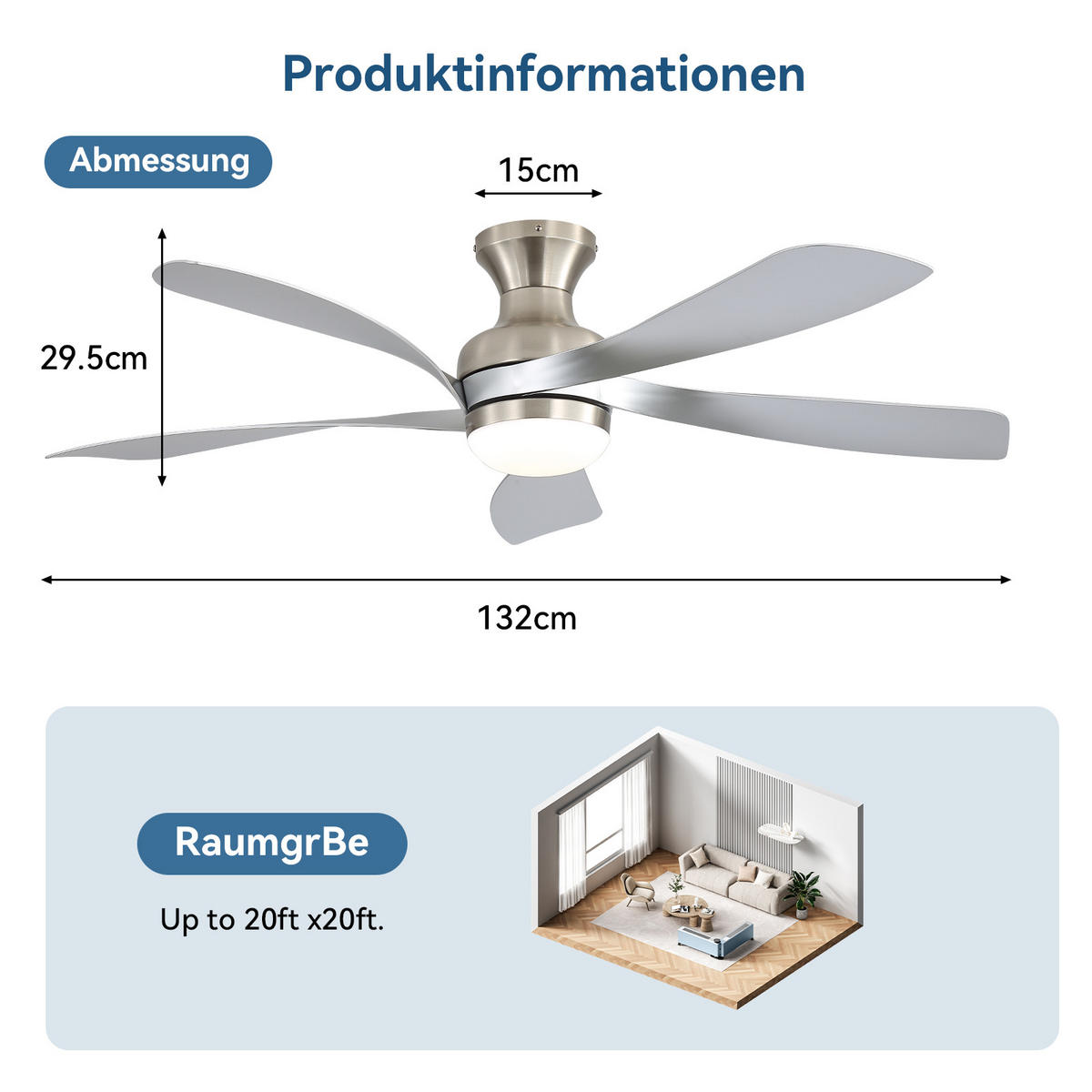 DECKENVENTILATOR 132cm Direktmontage LED Licht 5 Flügel DC Motor - Weiß, Kunststoff (132/132/30.5cm) - CASIVA