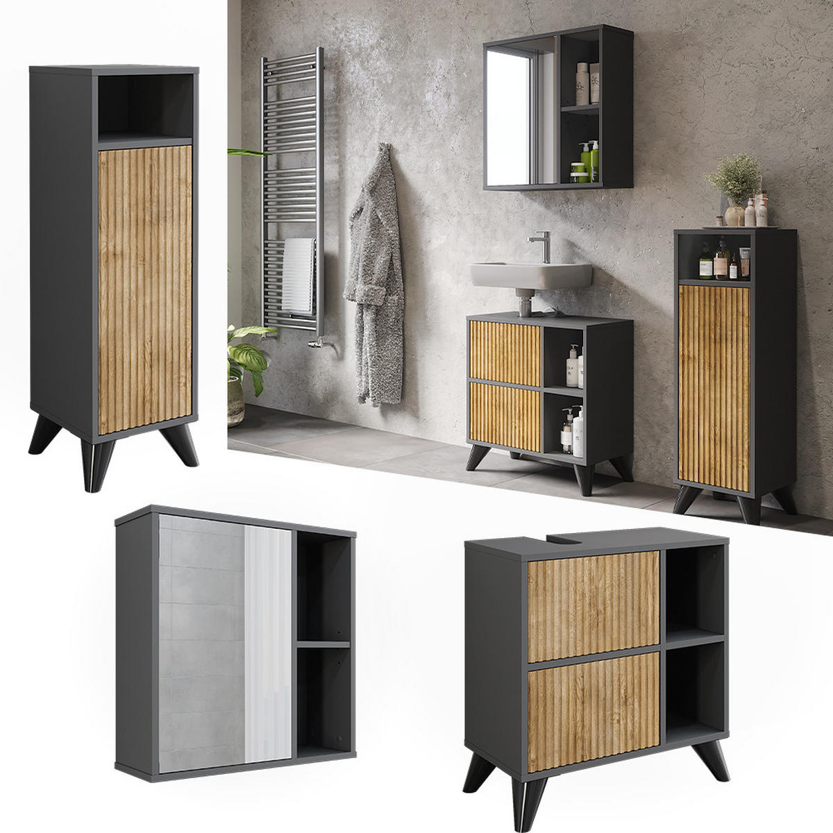 BADMÖBEL-SET Leano Anthrazit/Bergeiche 3 Teile - Eichefarben/Anthrazit, Holzwerkstoff (60/62/30cm) - Vicco