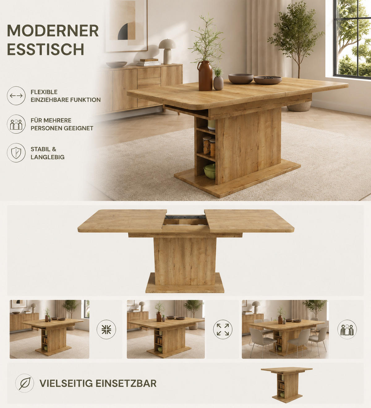 ESSTISCH ausziehbar mit Stauraum DE-39812 Natur - Naturfarben, Holzwerkstoff (70/130/75cm) - ComfortXL