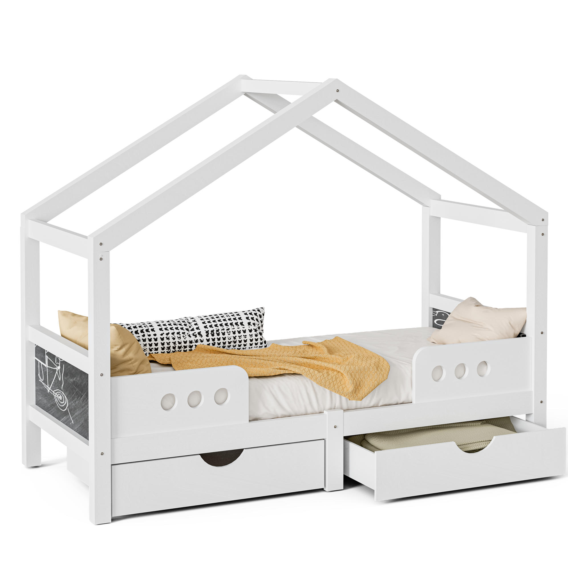 OTROŠKA postelja 90/200 cm bela s strešno zasnovo z 2 predaloma in tablo iz lesa in MDF - bela, les (90/200cm) - OKWISH