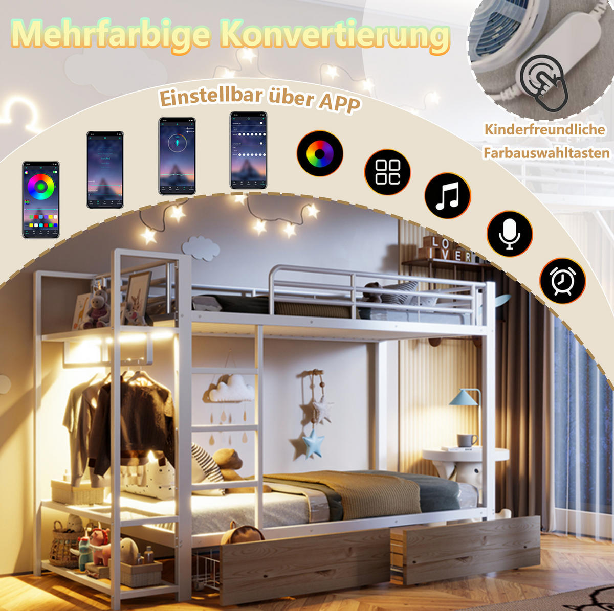 ETAGENBETT 90/200 cm mit LED-Lichtleiste, 2 Schubladen, Regalen und Kleiderstange, Weiß - Weiß, Metall (90/200cm) - Redom