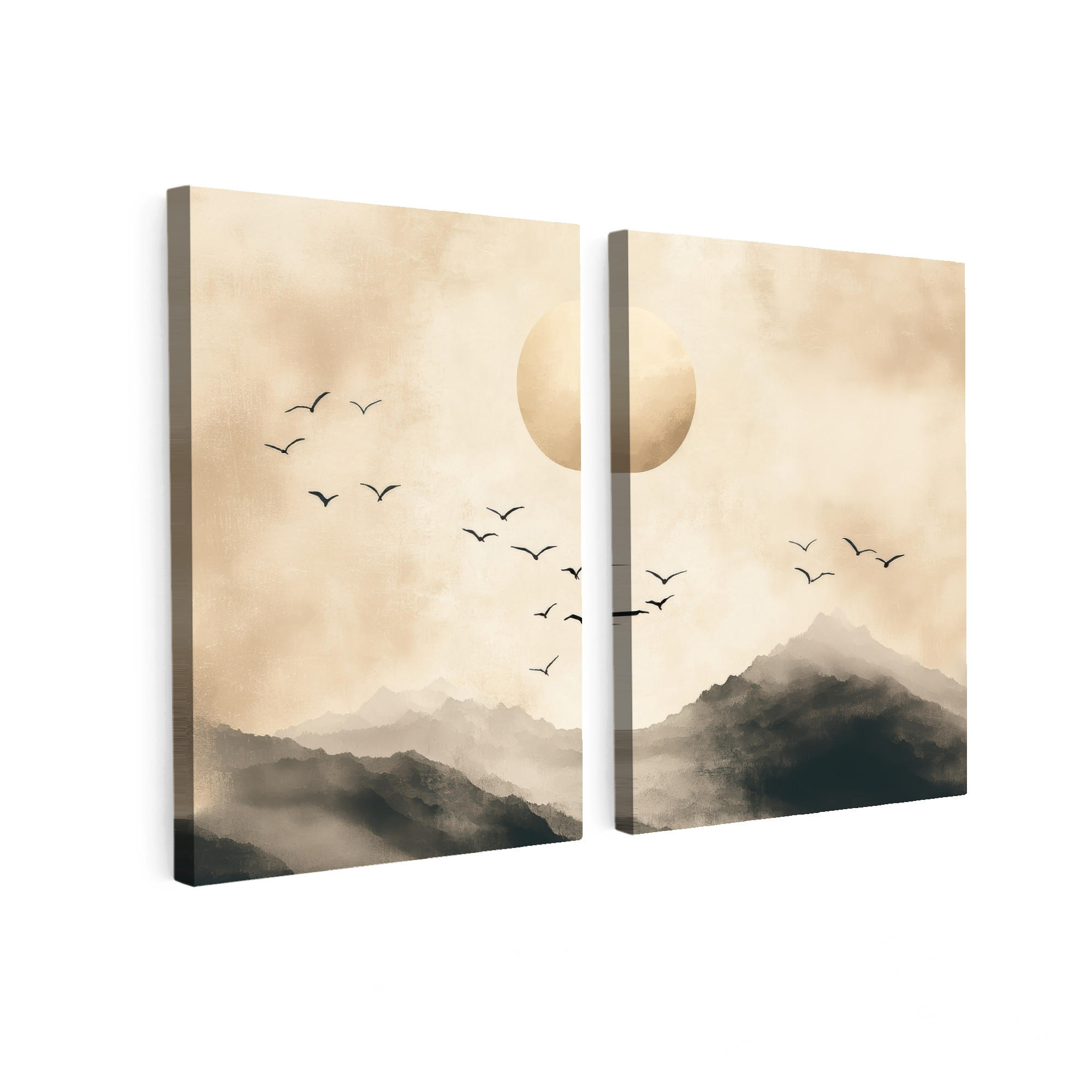 MuchoWow OBRAZ NA PLÁTNĚ 2dílná sada Krajina - Japonsko - Béžová - Ptáci 100x70 cm