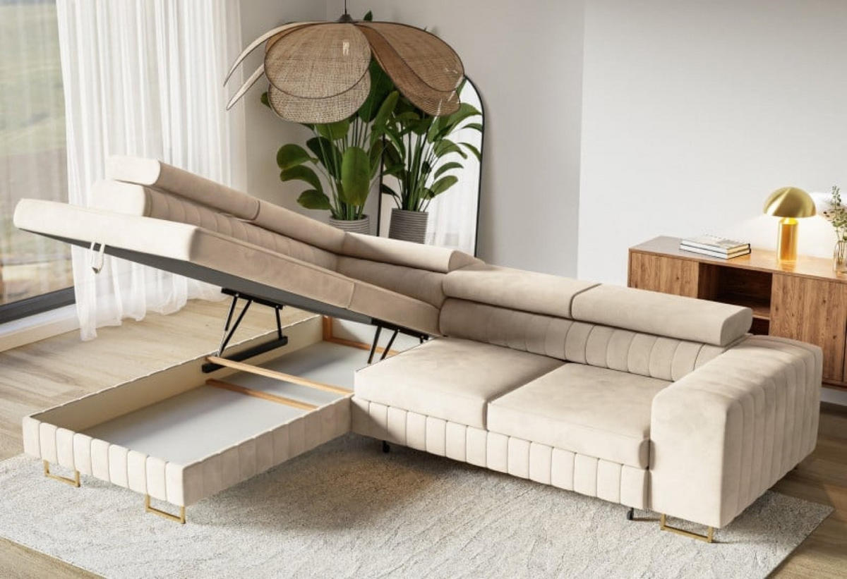 ECKSOFA Beige NOLA Matt Velvet Linke Seite Goldene Beine - Beige, Textil (274/203cm) - Sepro Meble
