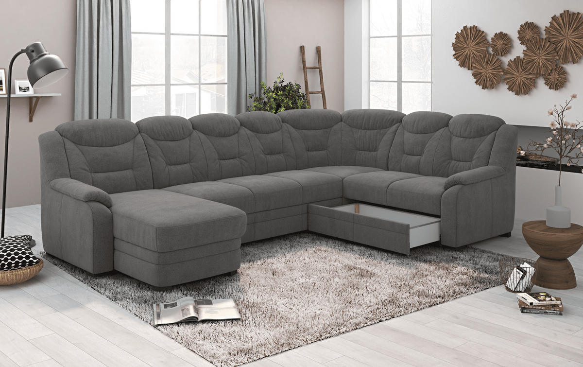 WOHNLANDSCHAFT mit Schlaffunktion und Bettkasten – weiches Chenille-Gewebe - Dunkelgrau/Anthrazit, Holz/Kunststoff (211/99/330cm) - Cotta