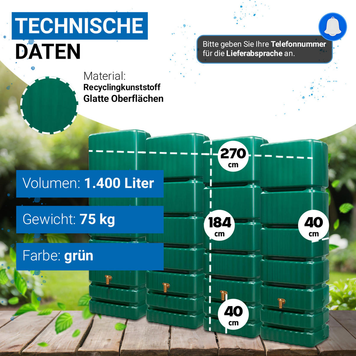 WANDTANK Komplett-Set 1400 L grün 4 x 350 L inkl. Verbindungsset, Kunststoff-Auslaufhahn und Fallrohranschluss - Grün, Kunststoff (270/184/39cm) - 4rain