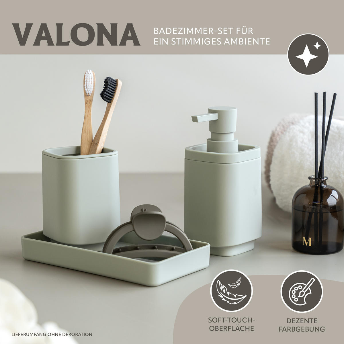 BAD-ACCESSOIRES-SET VALONA, Soft-Touch, Salbei - Salbeigrün, Kunststoff (18/2.5/9.5cm) - eluno