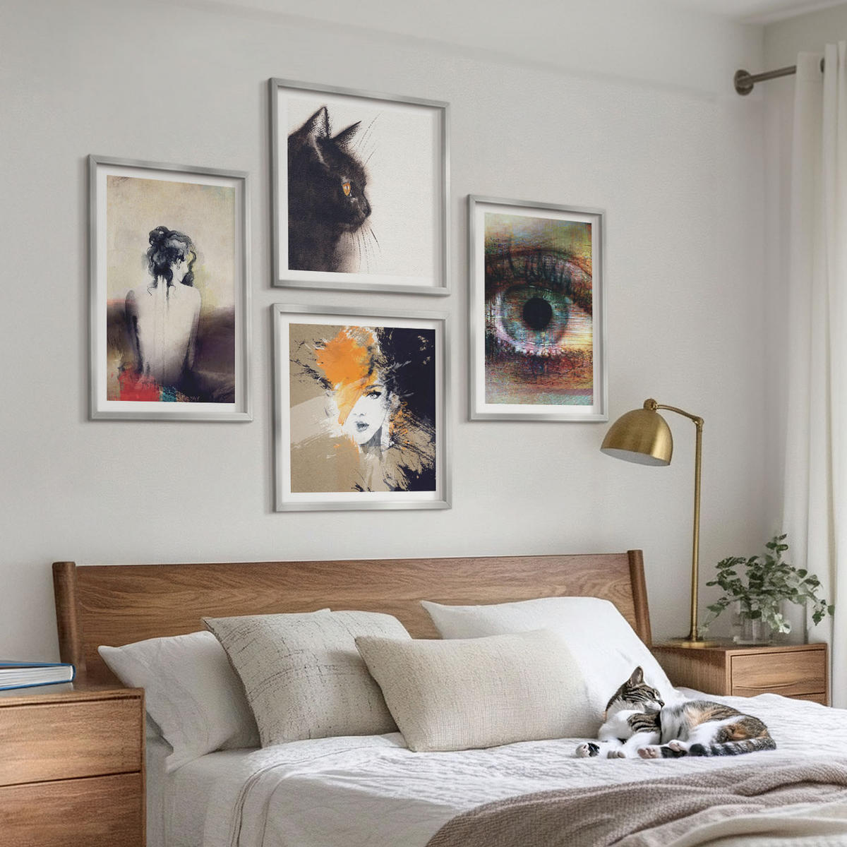 BILDER SET 4er Set - 50x50 cm & 40x60 cm Silberner Rahmen - Porträt einer Frau, Auge, Farben, Emotionen - Silberfarben, Kunststoff (50/50cm) - TULUP