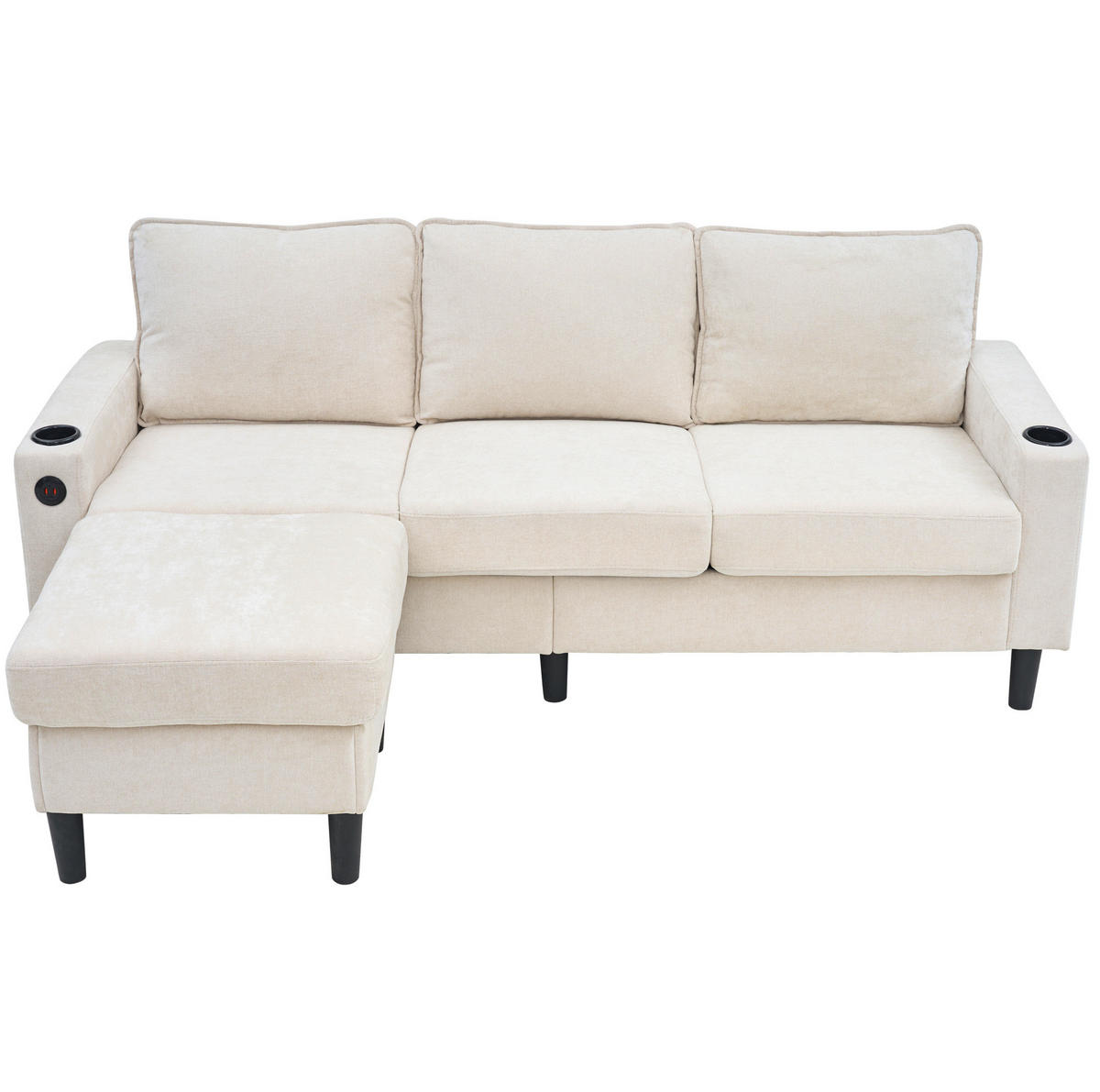 ECKSOFA L-Form 3-Sitzer mit zwei Getränkehaltern und USB und Typ-C-Anschlüssen Beige 202/137/80 cm - Beige, Textil (202/137cm) - OKWISH