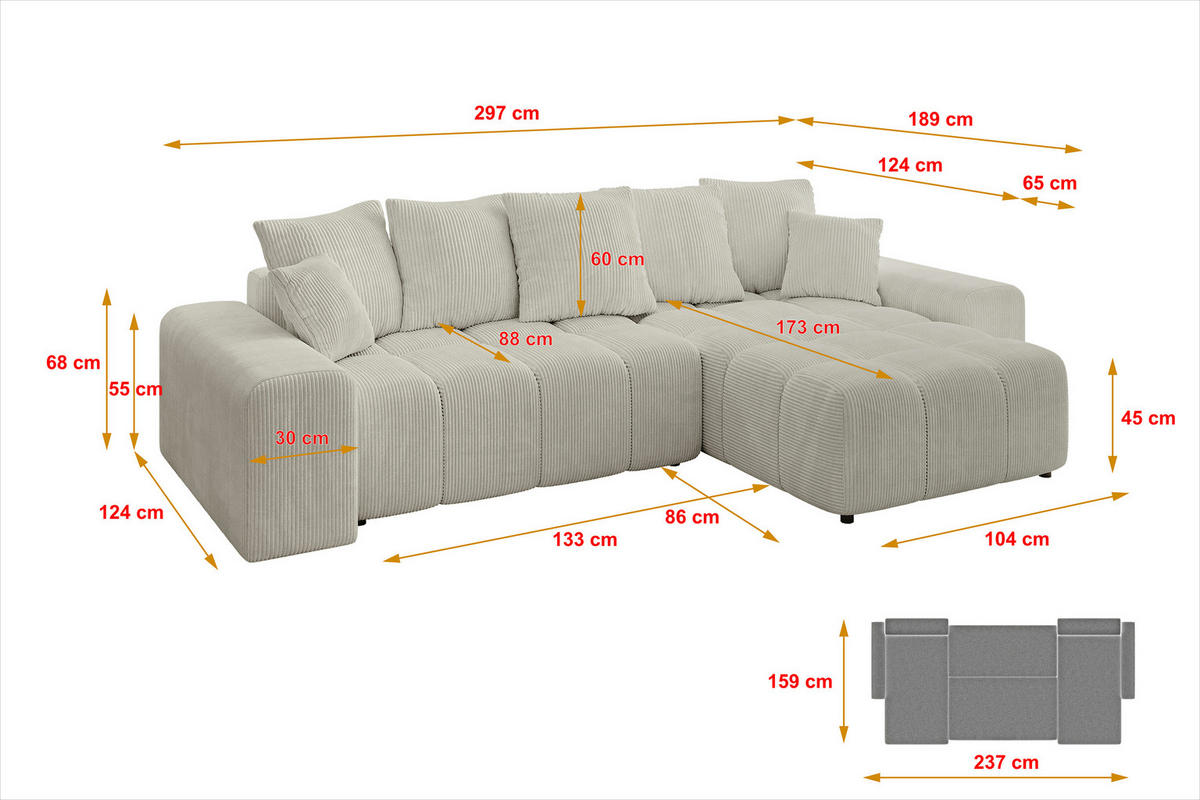 ECKSOFA Ottomane rechts ENIL-L 297x189x68 Hellgrau Cord - Ecru, Holzwerkstoff/Kunststoff (189/297cm) - ALTDECOR