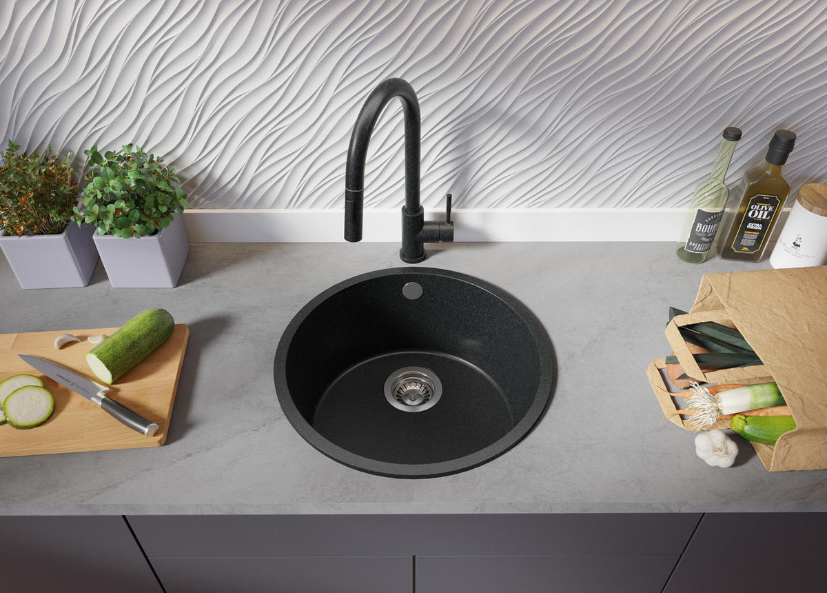 SPÜLBECKEN RUND Valletta Slim, 2-er set Anthrazit 46/46 cm 1 Becken + Ablauf-Set ab 50er Unterschrank - Chromfarben/Anthrazit, Kunststoff (46/20/46cm) - Primagran