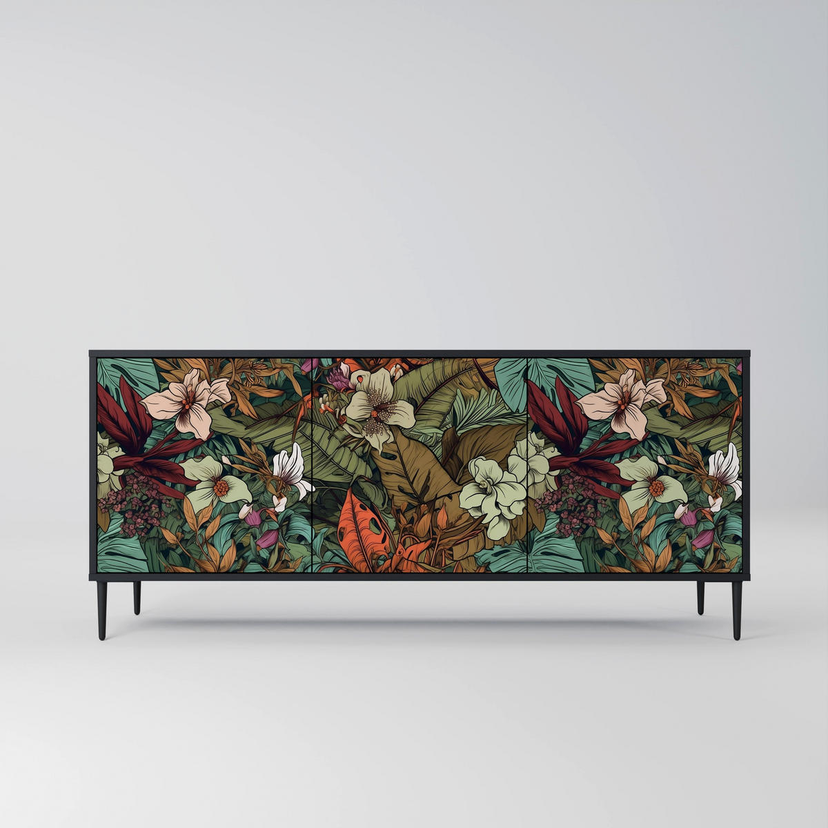 SIDEBOARD BOTANICAL EMERGENCE, Eicheneffekt, 164,5x42x77,5 cm, 3 Türen - Eichefarben/Buchefarben, Holzwerkstoff/Buchenholz (164.5/77.5/42cm) - SpaceRebels