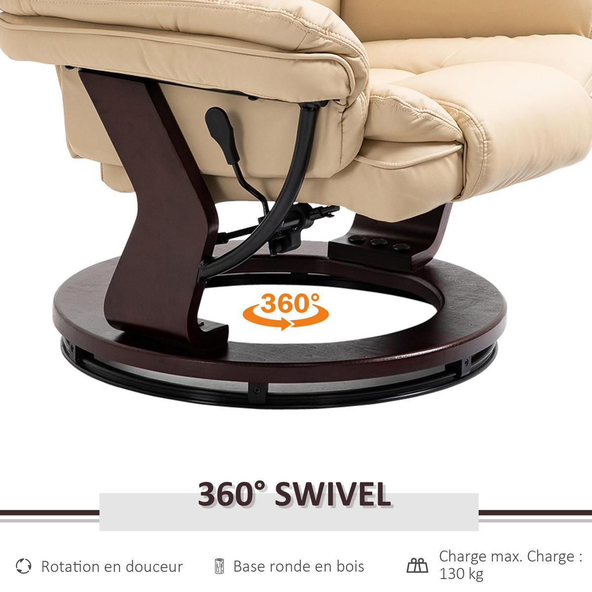 RELAXSESSEL DE-17417 135° neigbar, 360° drehbar mit Fußstütze Beige - Beige, Holz (82/106/85cm) - ComfortXL