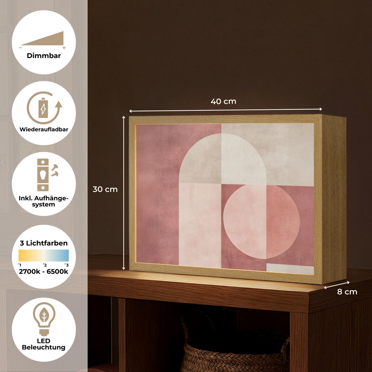 NÁSTĚNNÁ LAMPA S AKUMULÁTOREM Postavy - Abstraktní - Růžová 40x30 cm - starorůžová, kompozitní dřevo (40/30/8cm) - OnlyWow