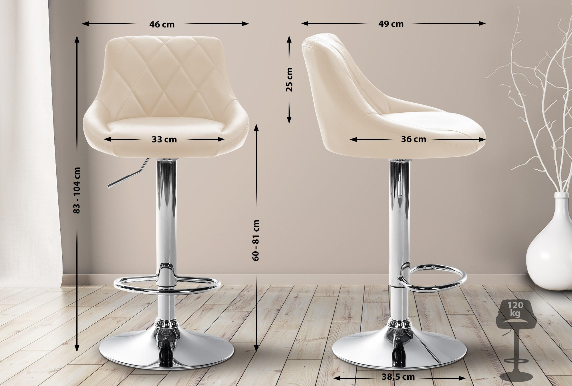 BARHOCKER Lederlook creme - Chromfarben/Creme, Textil/Metall (46/83/49cm) - CLP