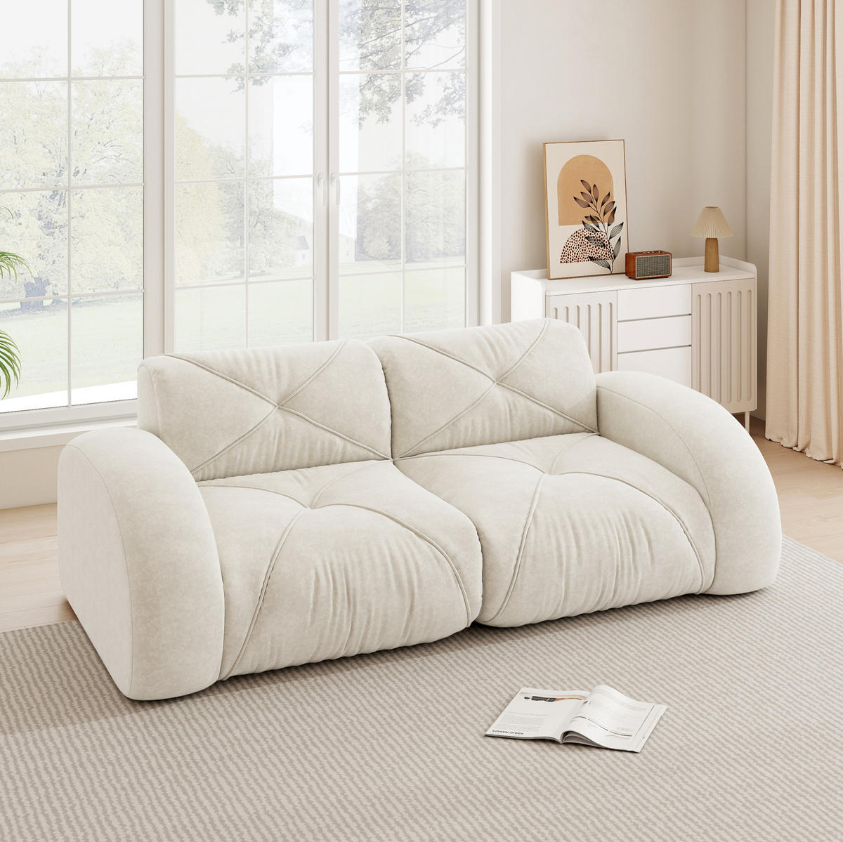 SOFA 204/95/76 cm in Hellbeige aus Chenille, rahmenlos und flexibel - Beige, Textil (95/76/204cm) - Flora Grace
