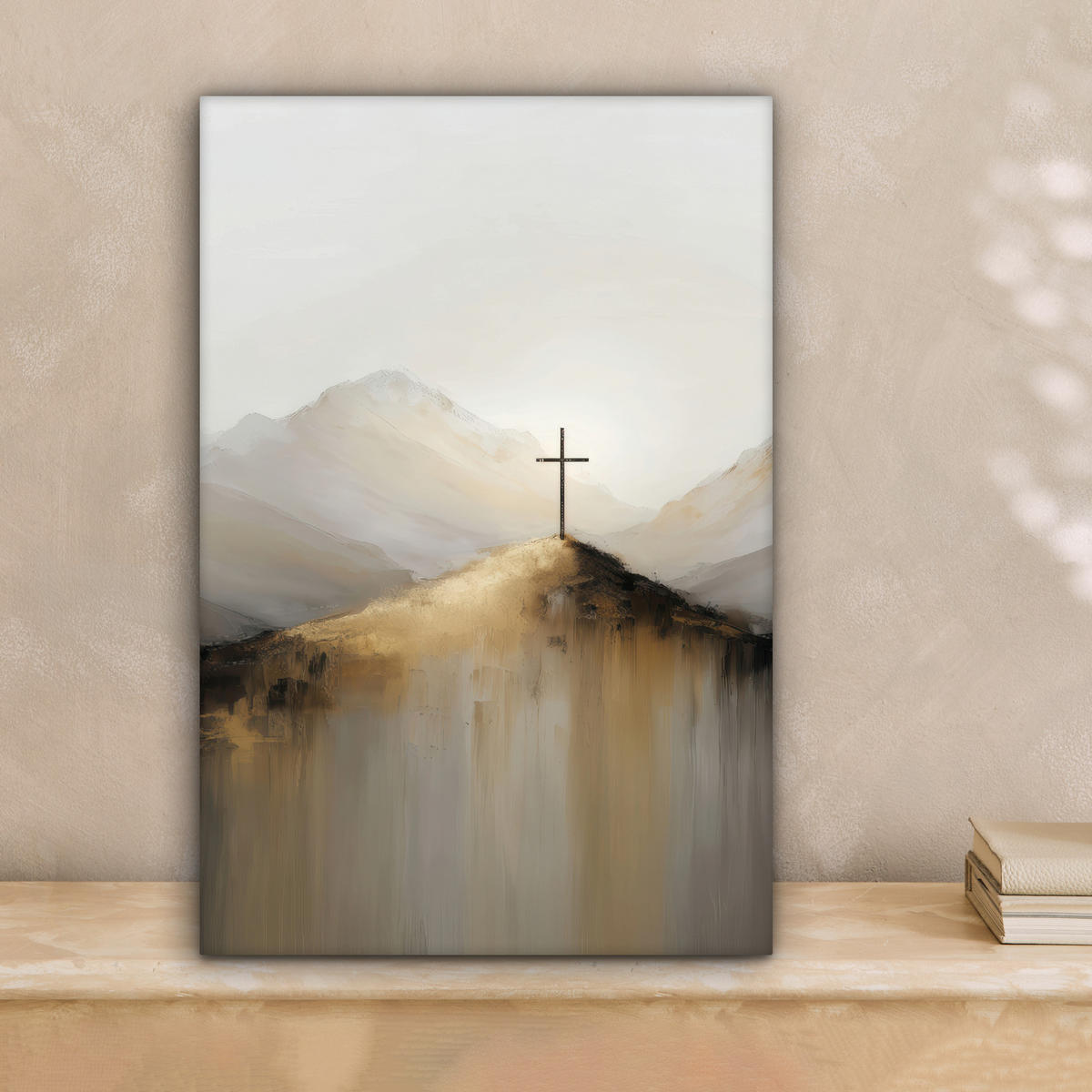 LEINWANDBILD Hügel - Abstrakt - Kreuz - Christentum Deko Wohnzimmer 20x30 cm - Beige, Textil (20/30cm) - MuchoWow