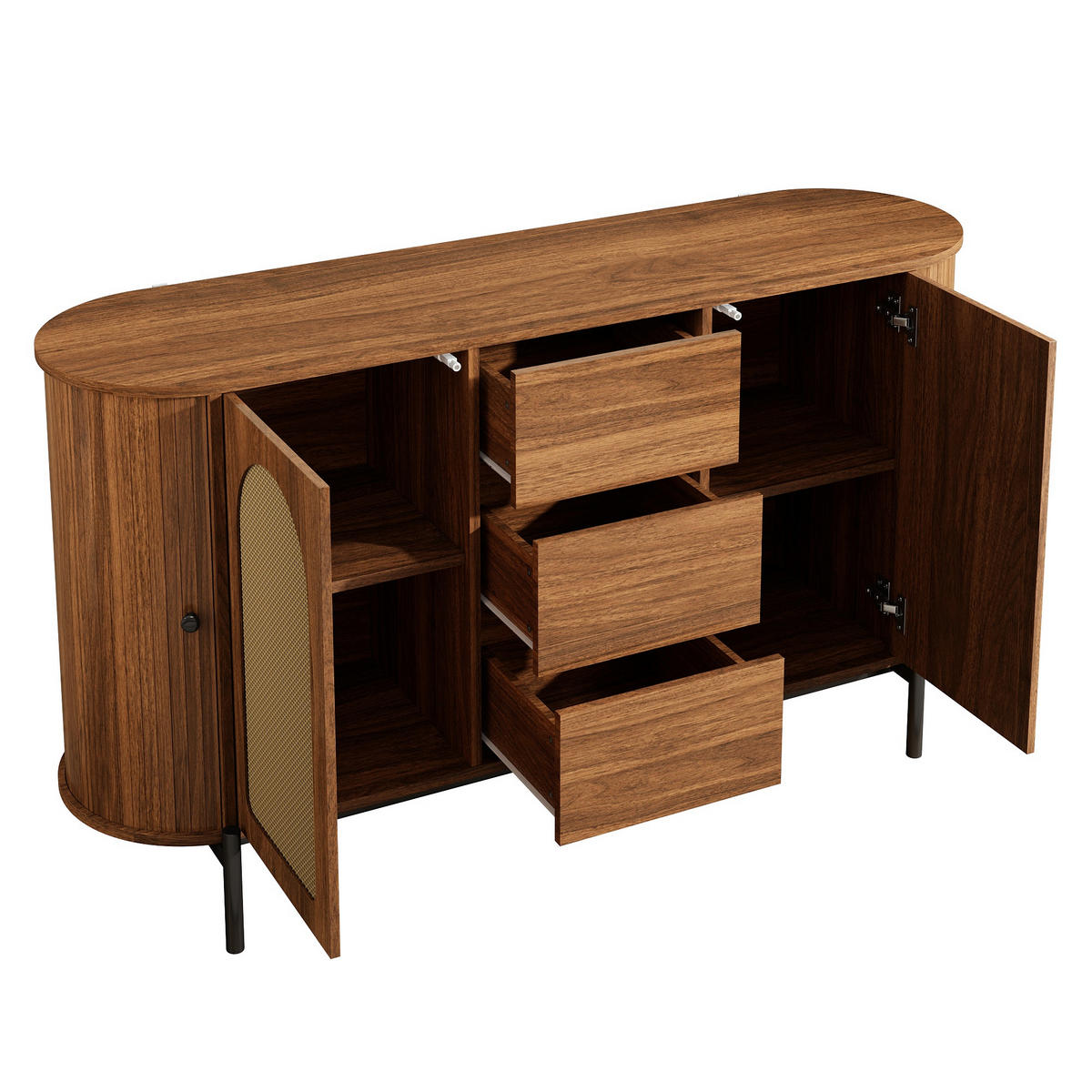 SIDEBOARD in Holzoptik mit Rattan, ovale Form und verstellbaren Fächern - Walnussfarben, Holzwerkstoff (140/77.5/38cm) - Urban Meuble
