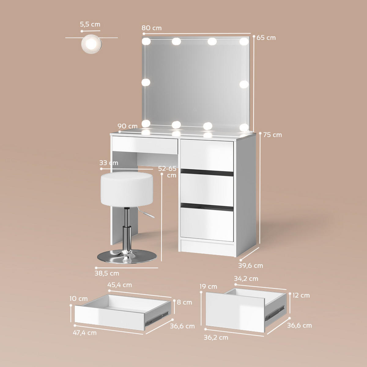 SCHMINKTISCH Imola Weiß mit LED Beleuchtung und Hocker - Weiß, Holzwerkstoff (90/75/40cm) - Livinity®