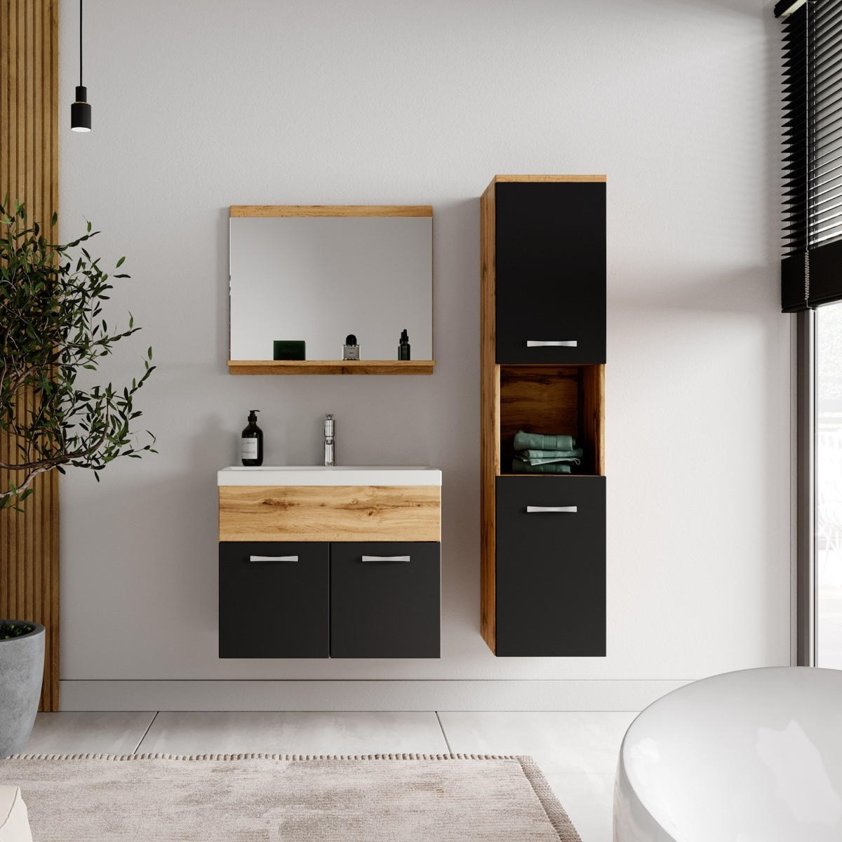 BADMÖBEL-SET Montreal 4 Teile Eiche / Schwarz - 60 x 35 x 51 cm - Chromfarben/Eiche Wotan, Holz/Metall (60/51/35cm) - Badplaats