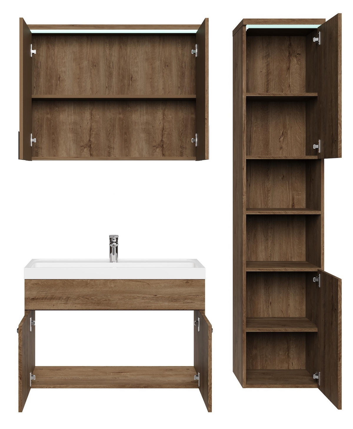 BADMÖBEL-SET Paso LED 4 Teile Braun Eiche - 80 x 35 x 55 cm - Eichefarben/Braun, Holz (80/55/40cm) - Badplaats
