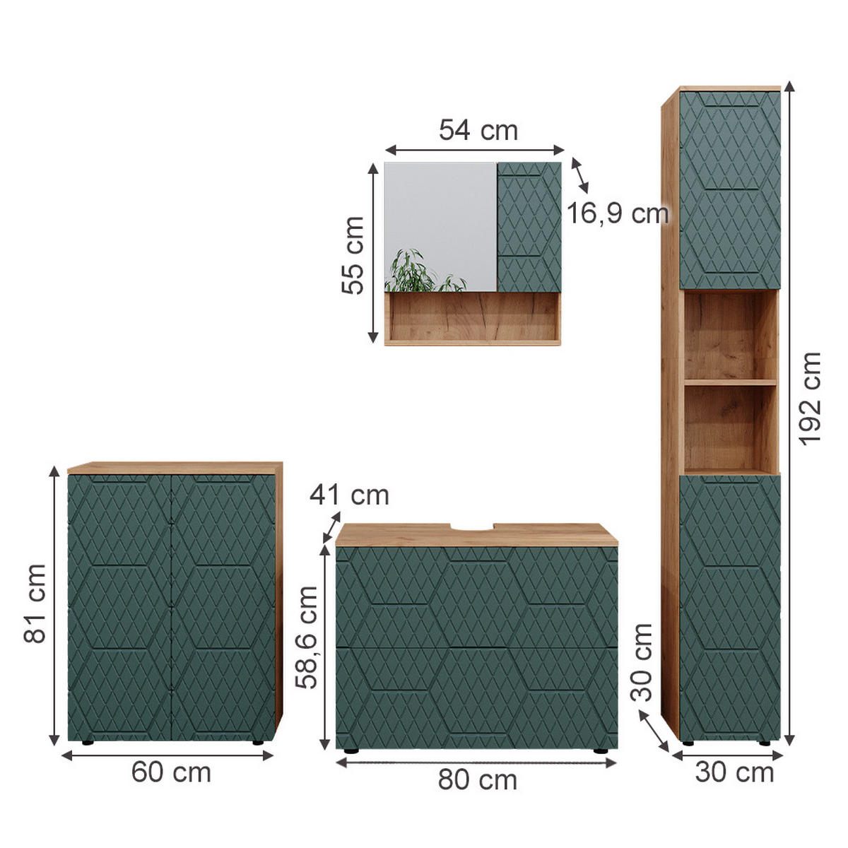 BADMÖBEL-SET Irma Grün 4 Teile, mit Schubladenschrank und Midischrank - Eiche Wotan/Grün, Holzwerkstoff (80/58/41cm) - Vicco